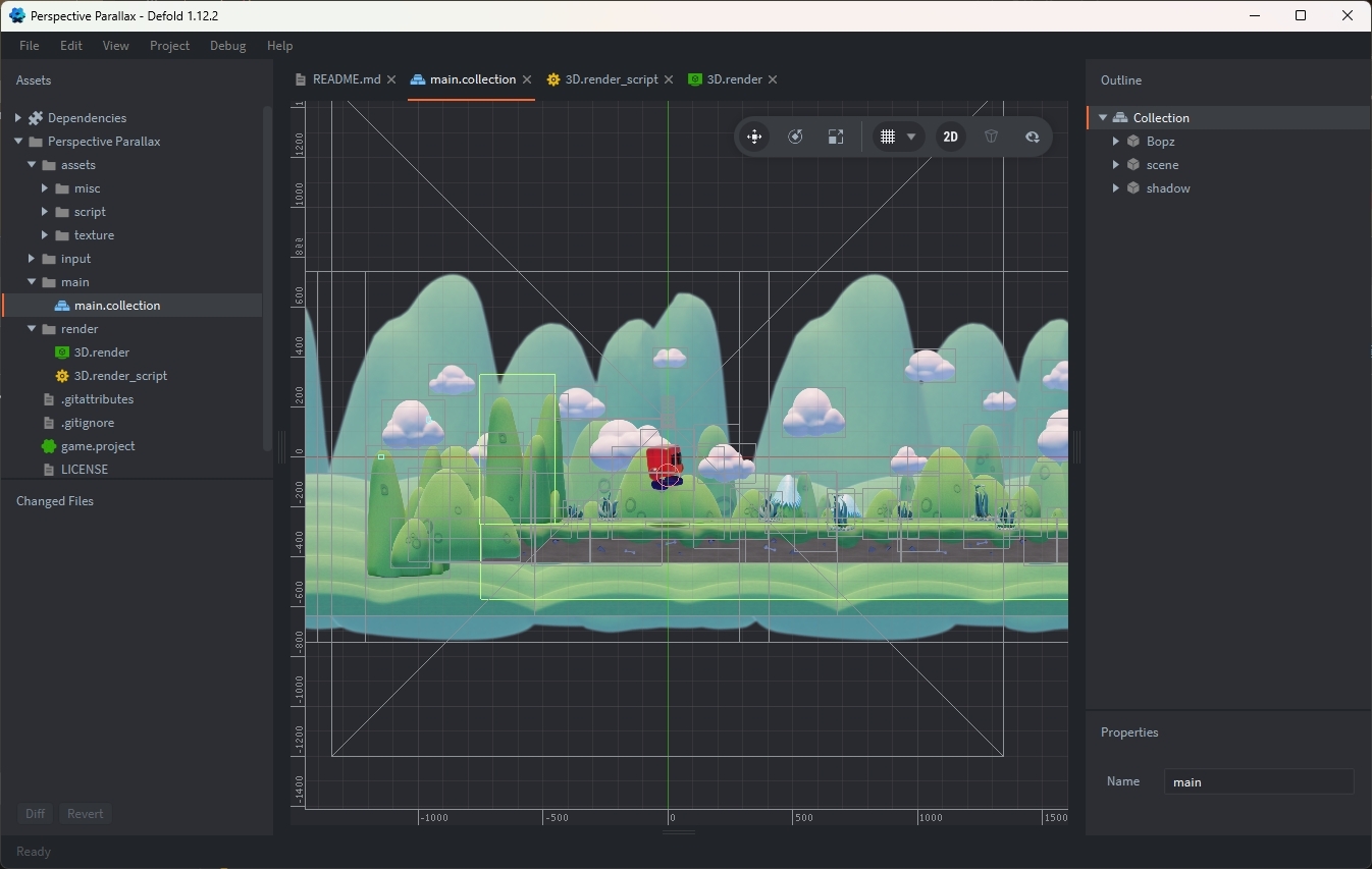 Editor de Defold con un proyecto abierto